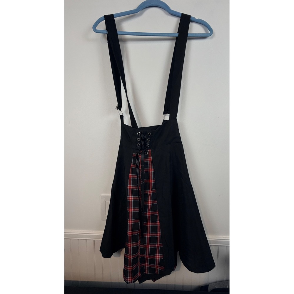 Hot Topic Black Plaid Lace‎ Up Suspender Skirt XL Red Tartan Pleated Punk Goth